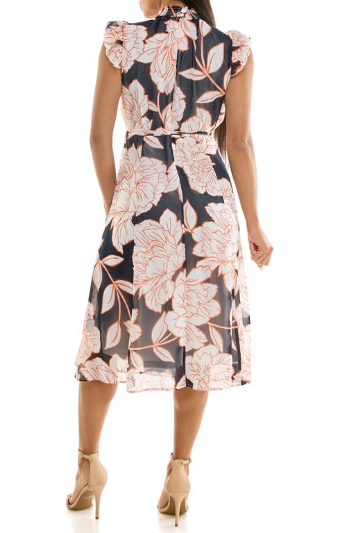 Nina Leonard Smock Chiffon Midi Dress In Navy Orange Ivory