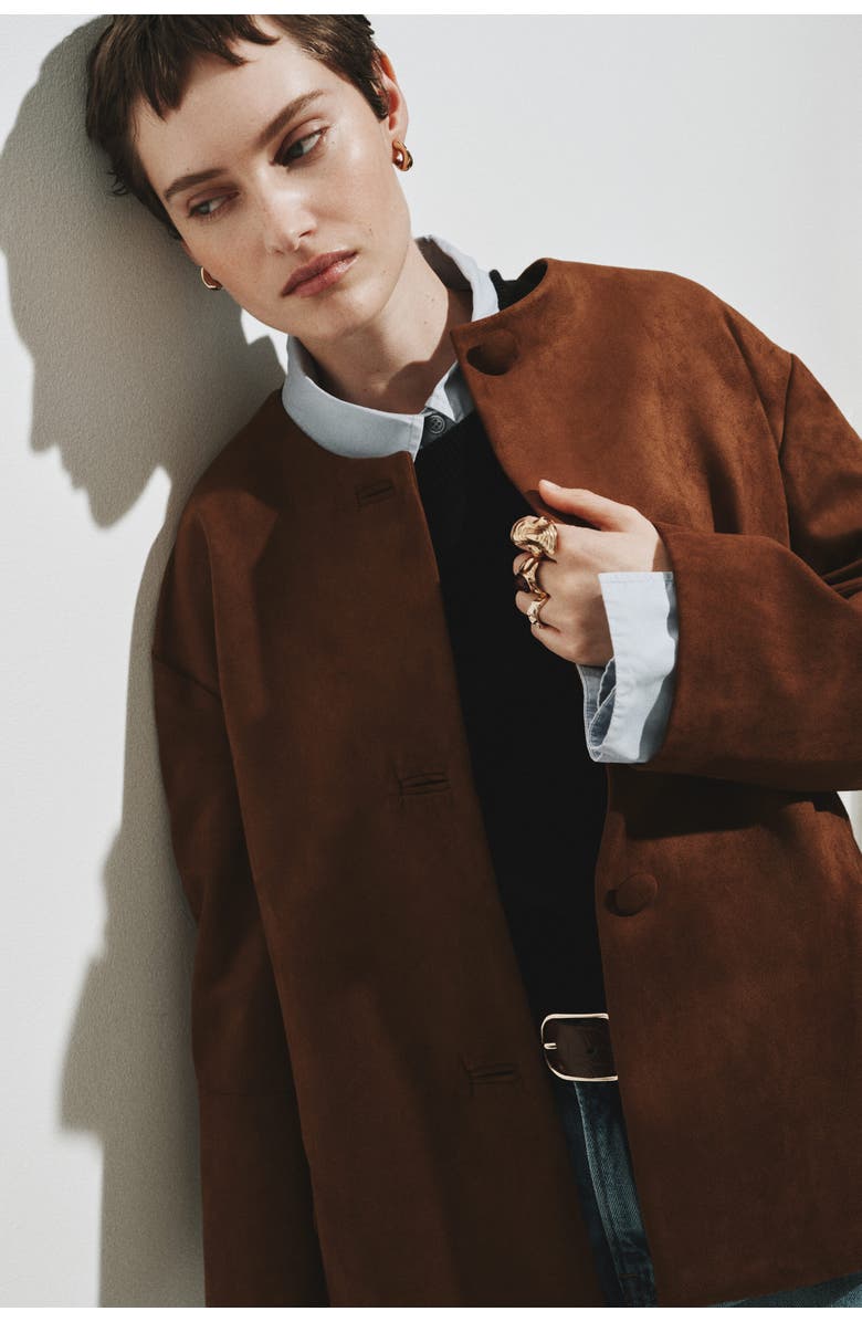 H&M Collarless Jacket, Alternate, color, Brown