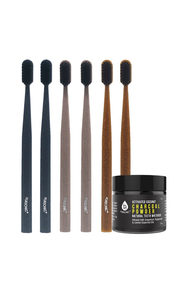 PURSONIC Natural Radiance Combo Activated Coconut Charcoal Powder Natural Teeth Whitener + Cedarwood Toothbrushes, Main, color, Multicolor