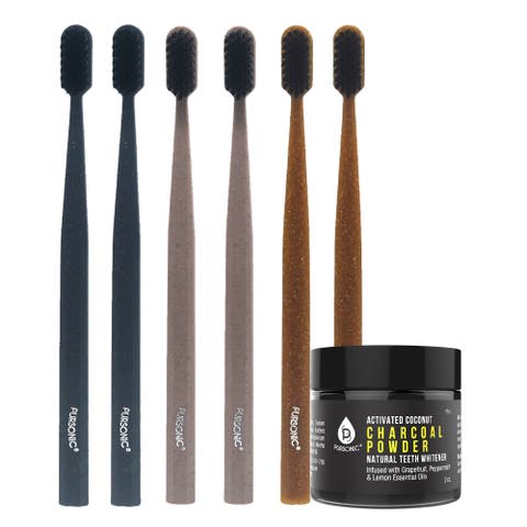 Natural Radiance Combo Activated Coconut Charcoal Powder Natural Teeth Whitener + Cedarwood Toothbrushes (6 Pack)