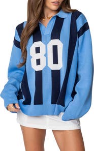 EDIKTED Larson Stripe Oversize Graphic Polo Sweater