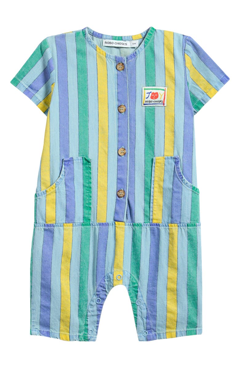 Bobo Choses Multicolor Stripes Denim Romper, Main, color, Blue Multicolor