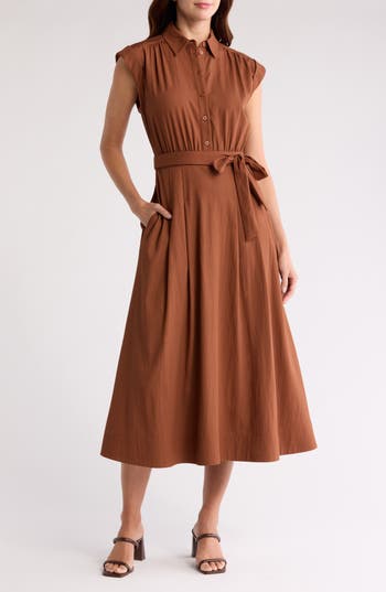 Mila Mae Sleeveless Tie Waist Midi Shirtdress In Brown