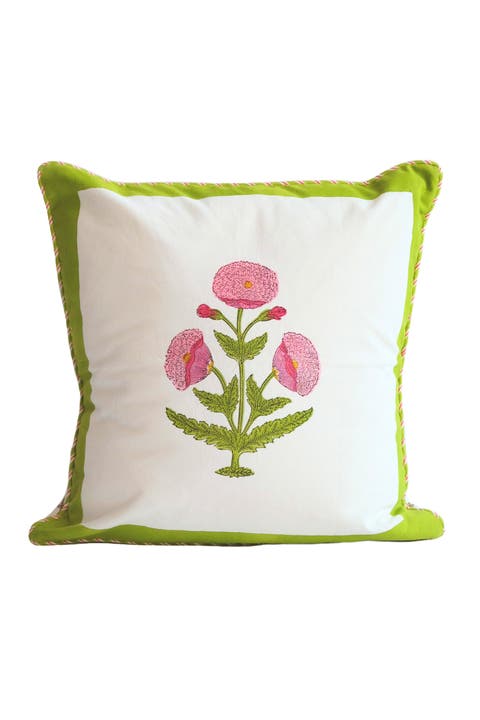 Green Poppy Blockprint Pillow - Cover Only