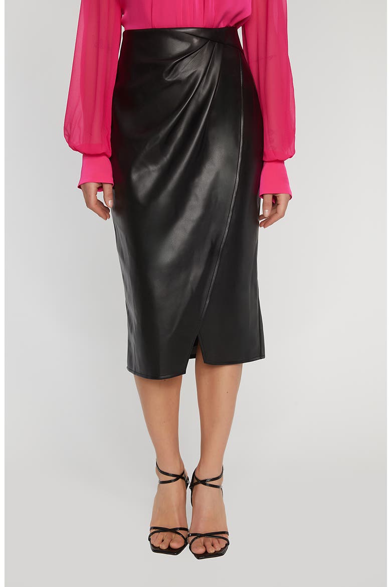 Wrap Twist Front Faux Leather Midi Skirt, Main, color, NOIR