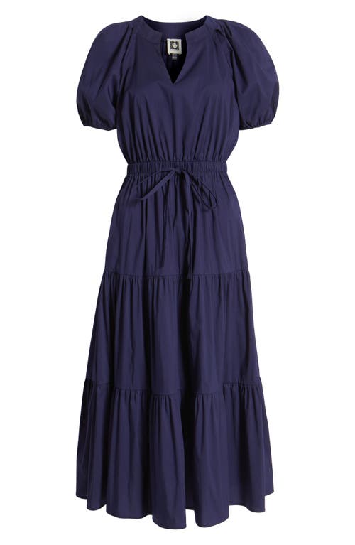 Anne Klein Petite Puff-sleeve Tiered Denim Midi Dress In Blue