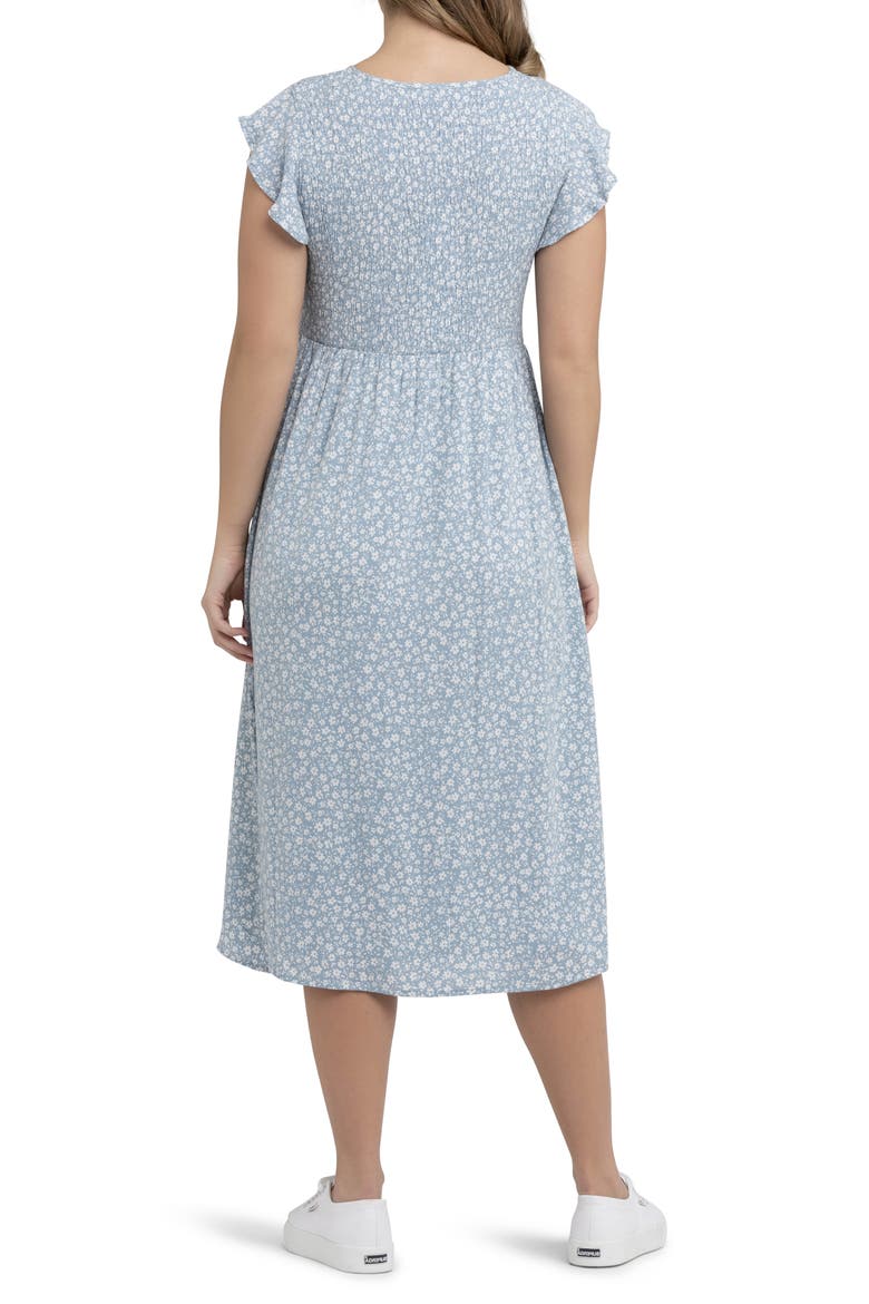 Ava Floral Shirred Midi Maternity Dress, Alternate, color, PETROL / WHITE