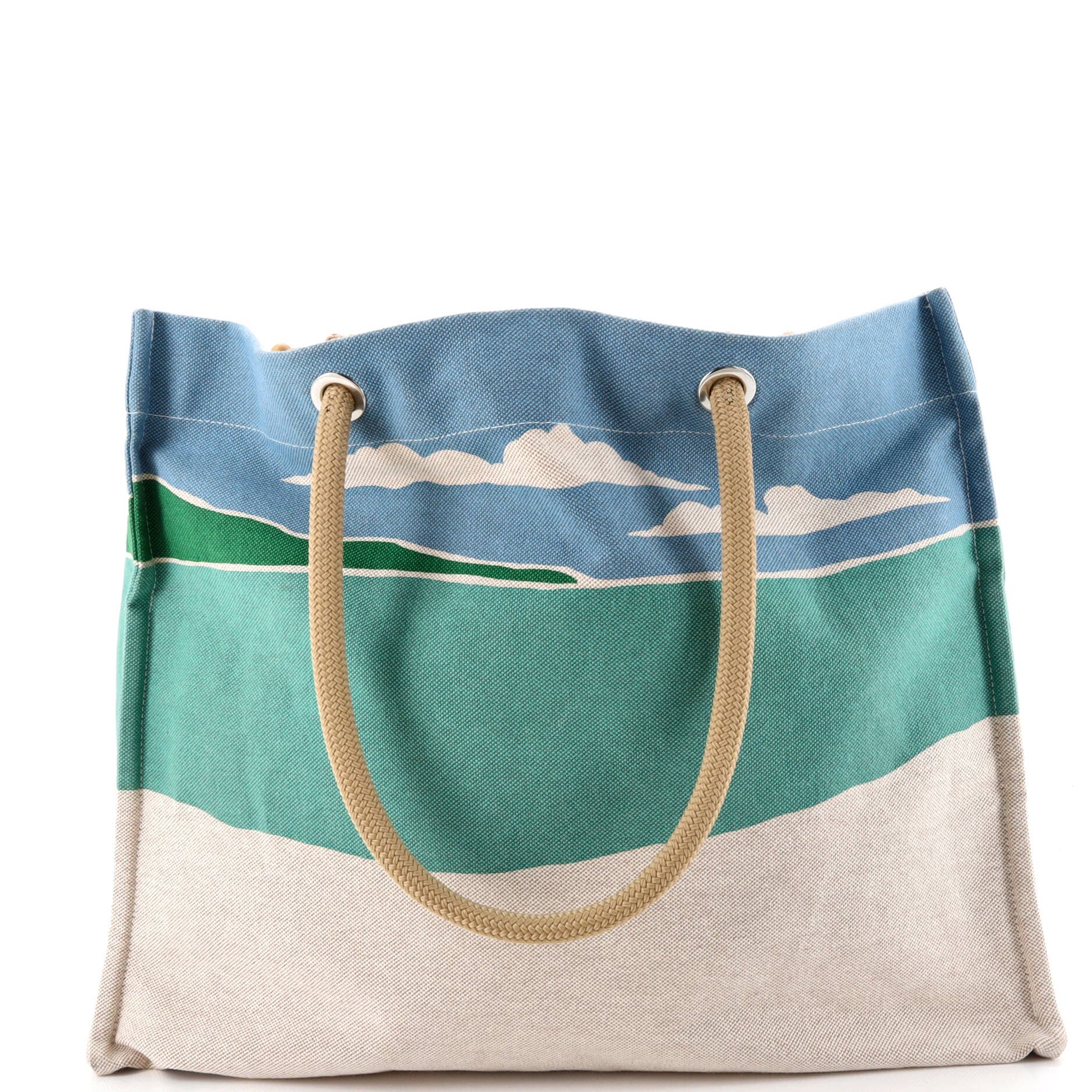 Pre-Owned Hermes La Plage Beach Tote Bag Printed Canvas, Alternate, color, Blue