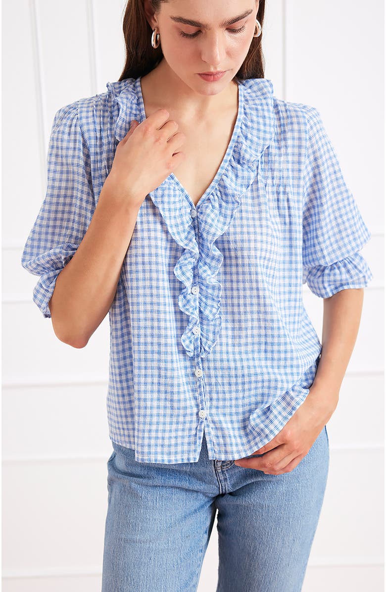 Paneros Clothing Camilla Embroidered Blouse, Alternate, color, Petite Blue Plaid