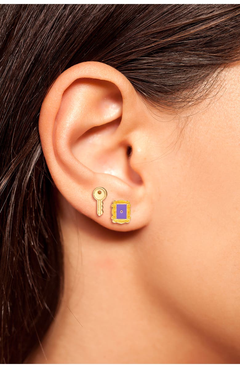 Friends Peephole Frame and Key Stud Earrings, 2 Pair Set, Alternate, color, Gold
