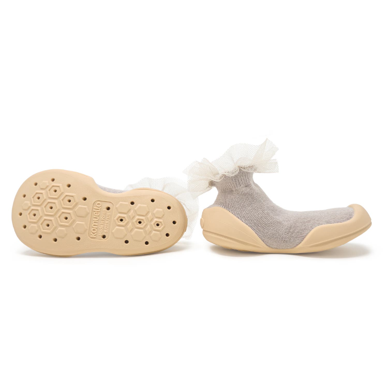 Komuello Toddler Girl Sock Shoes Tulle Trim - Pink, Alternate, color, Beige