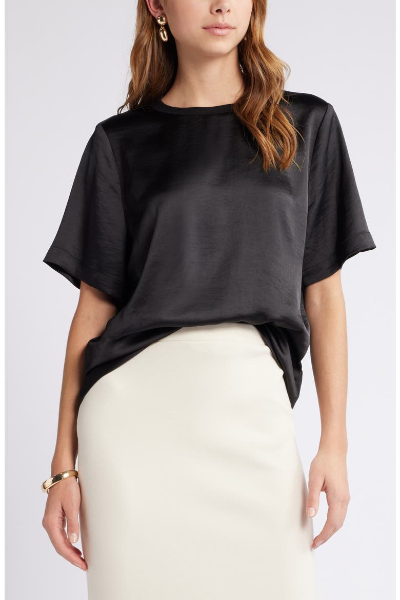 Crewneck Satin T-Shirt, Main, color, BLACK