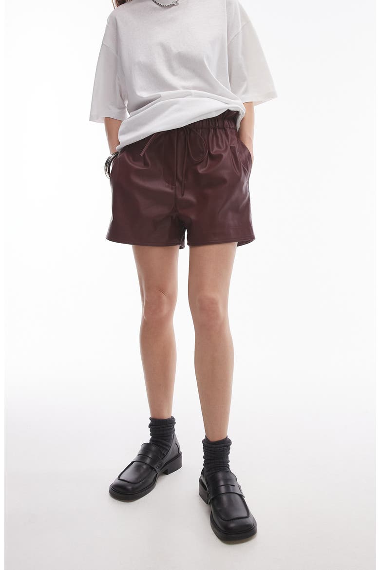 Paperbag Waist Drawstring Faux Leather Shorts, Main, color, DARK RED