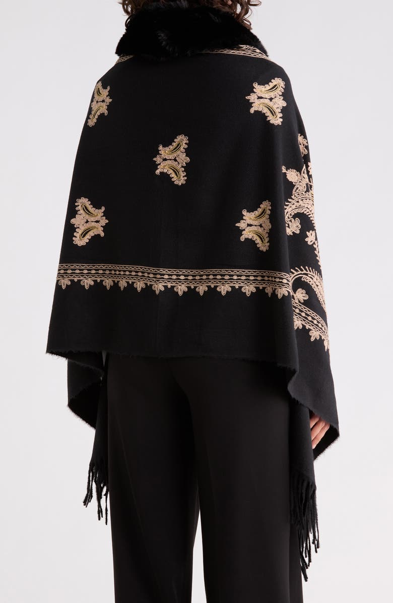 La Fiorentina Faux Fur Trim Embroidered Ruana, Alternate, color, Black