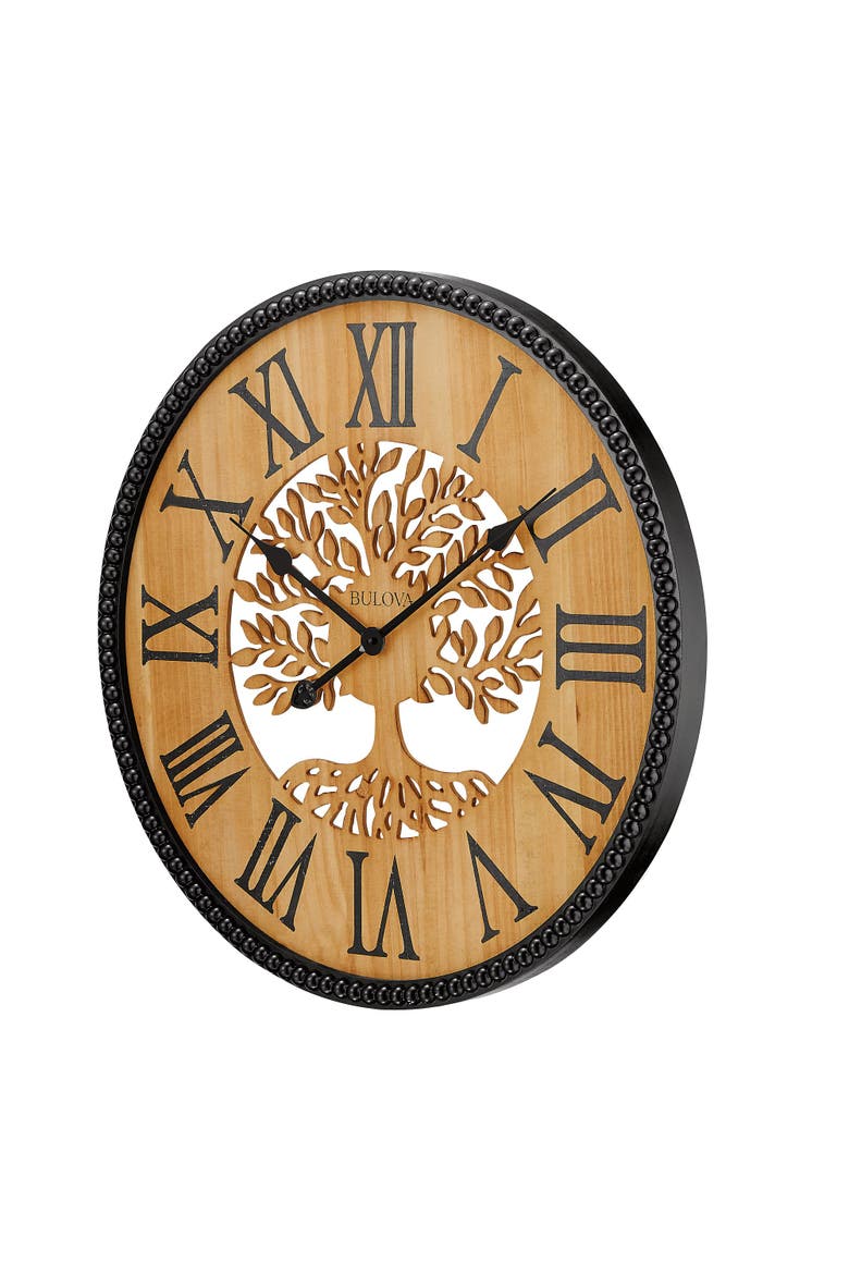 Orchard Wood Wall Clock, Laser Cut Tree Design, Alternate, color, Brown