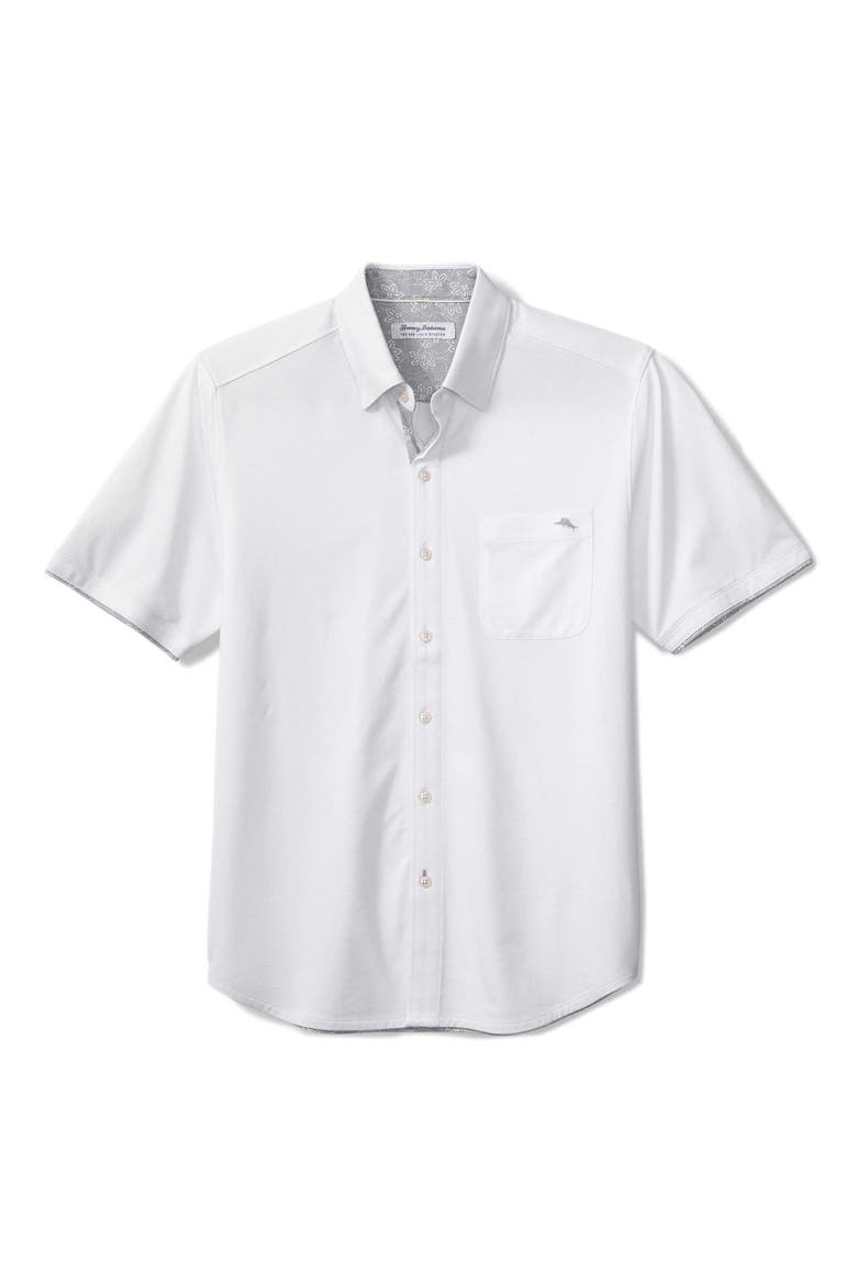 San Lucio Lotus Happy Hour IslandZone® Short Sleeve Cotton Blend Button-Up Shirt, Main, color, WHITE