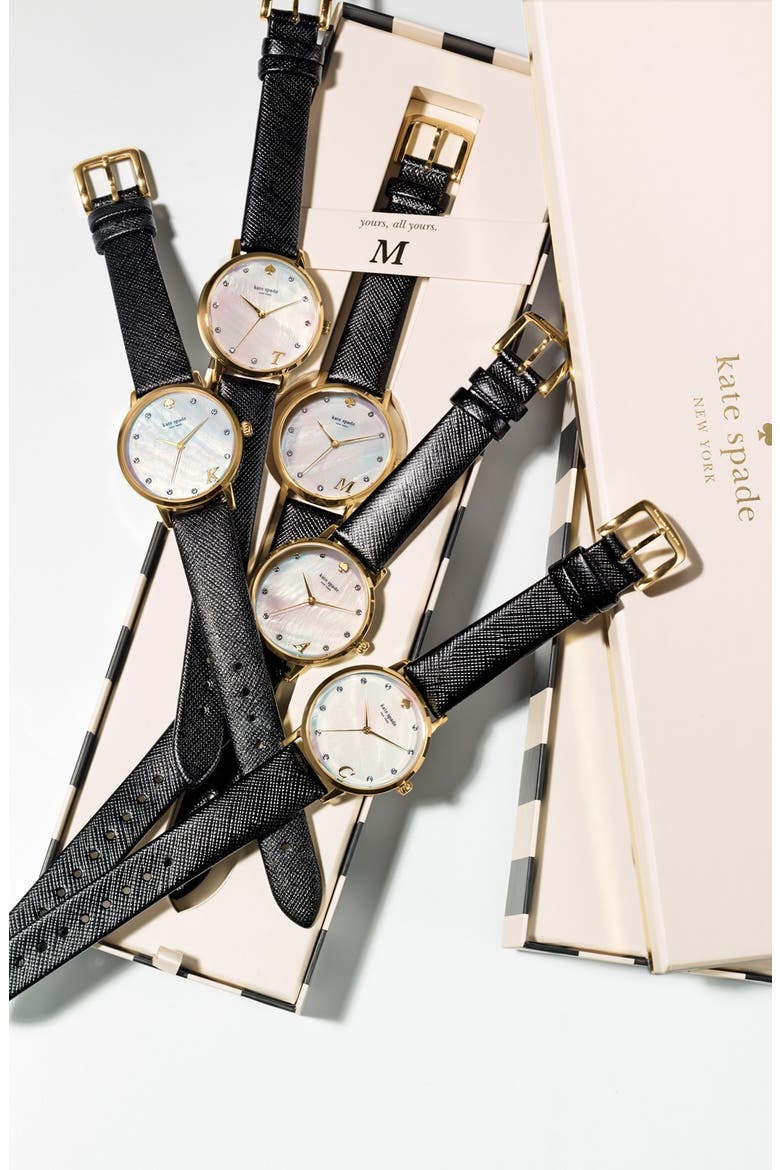 'metro - monogram' leather strap watch, 34mm, Alternate, color, BLACK A