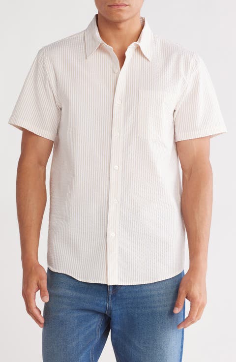 Stripe Cotton Seersucker Short Sleeve Button-Up Shirt