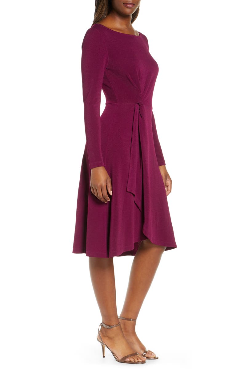 Leota Erin Knot Waist Long Sleeve Textured Crepe Dress, Alternate, color, 