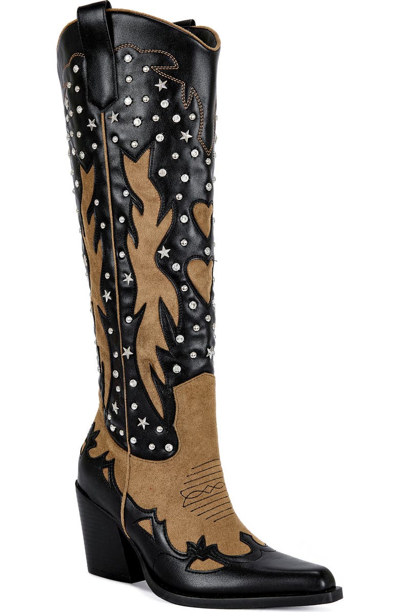 AZALEA WANG Kalpana Knee High Western Boot, Main, color, Black Multi