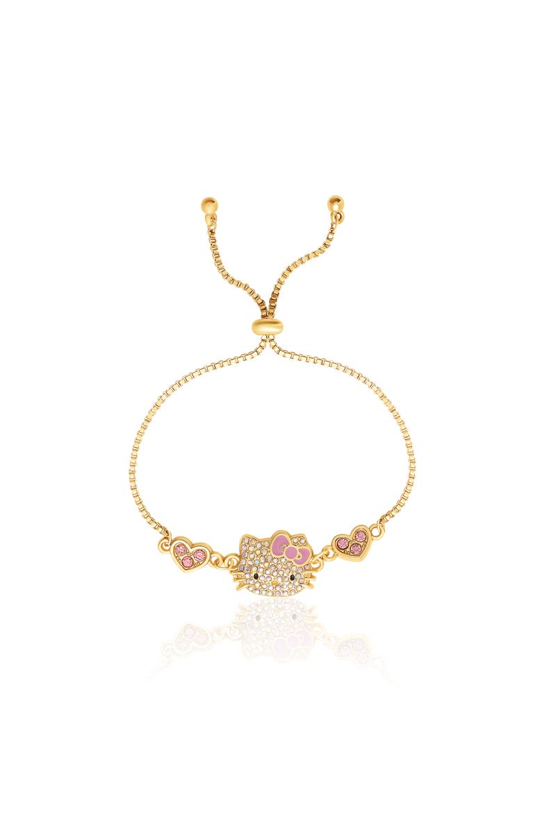 Hello Kitty Adjustable Bracelet with Pave Pink Bow & Crystals, Main, color, Gold Tone