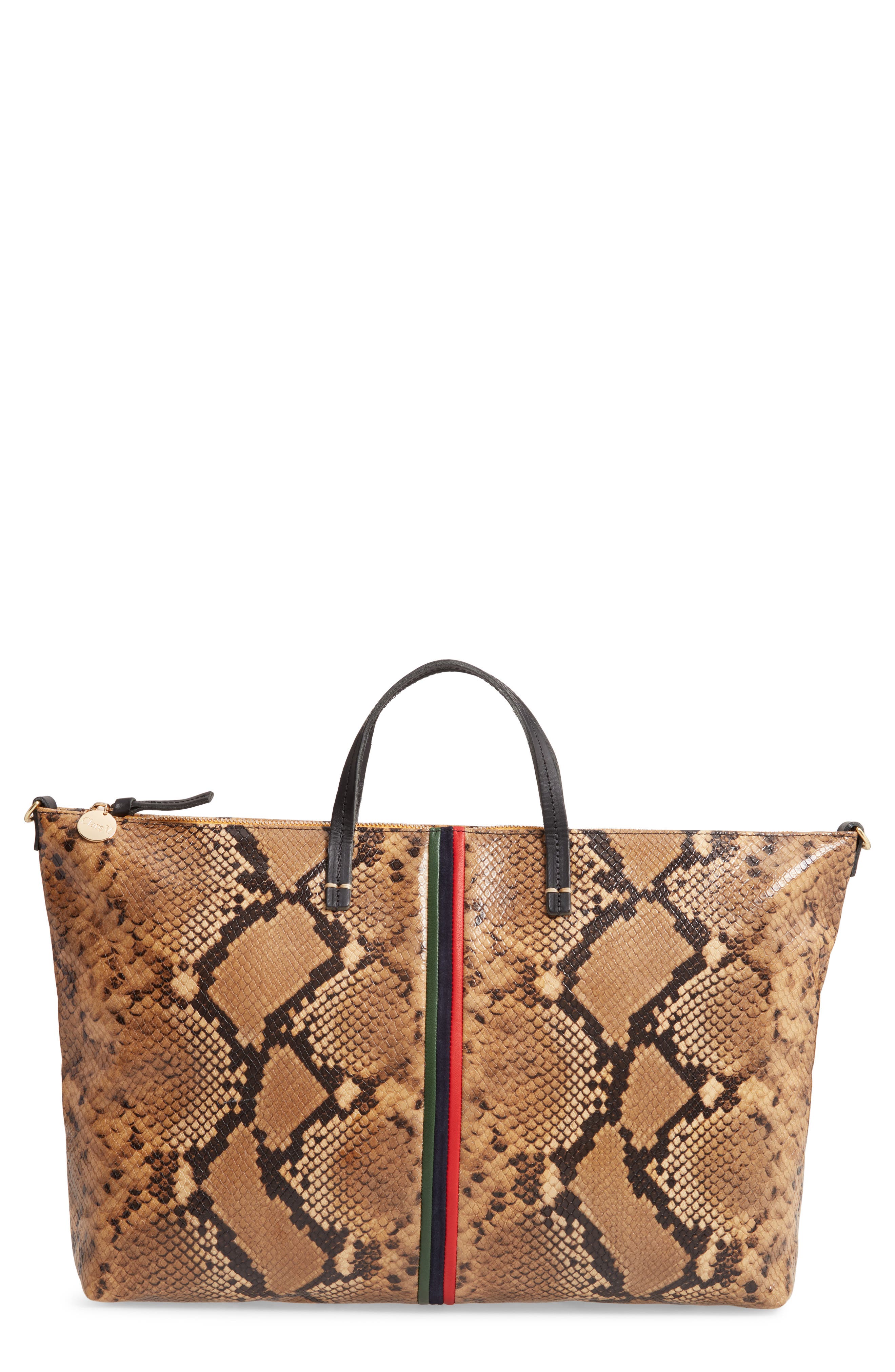 Clare V. Attache Snake Embossed Goatskin Leather Tote, Main, color, 