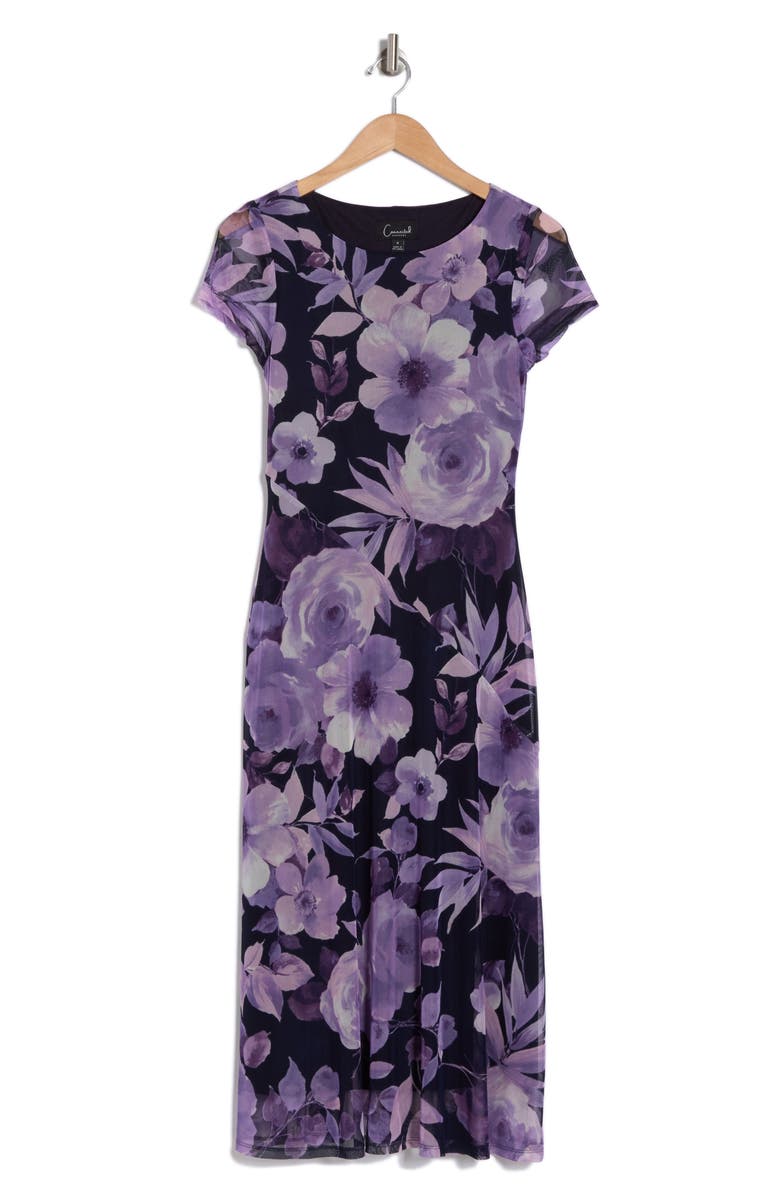 Connected Apparel Cap Sleeve Mesh Midi Dress, Alternate, color, Navy/Lavender