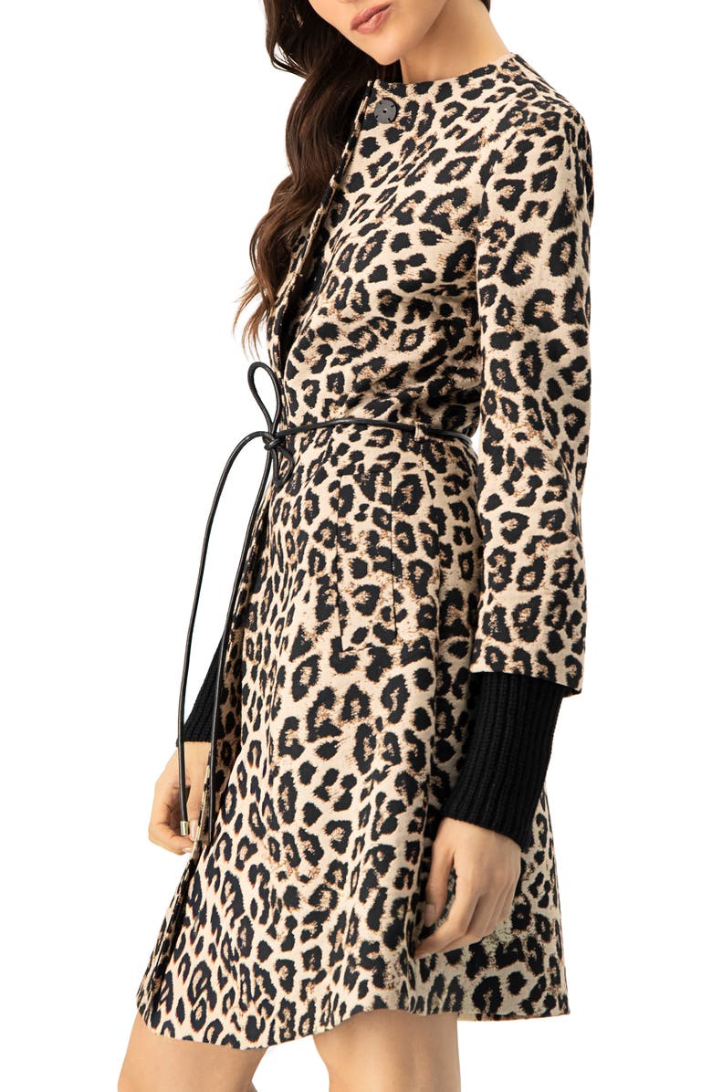 IVONNE Ribbed-Cuff Long Animal Print Coat, Alternate, color, Beige