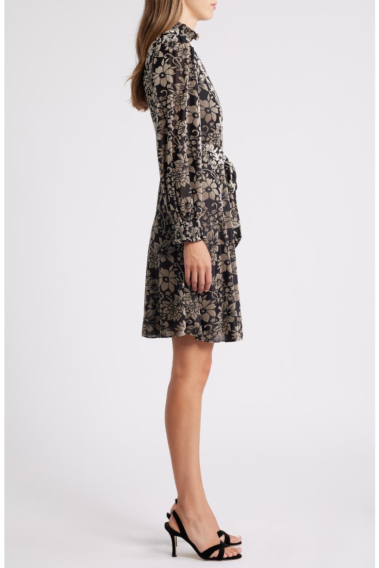 Floral Burnout Belted Long Sleeve Dress, Alternate, color, BLACK SILVER