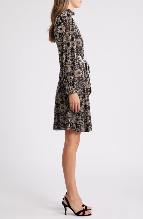 Eliza J Floral Burnout Belted Long Sleeve Dress In Black Silver
