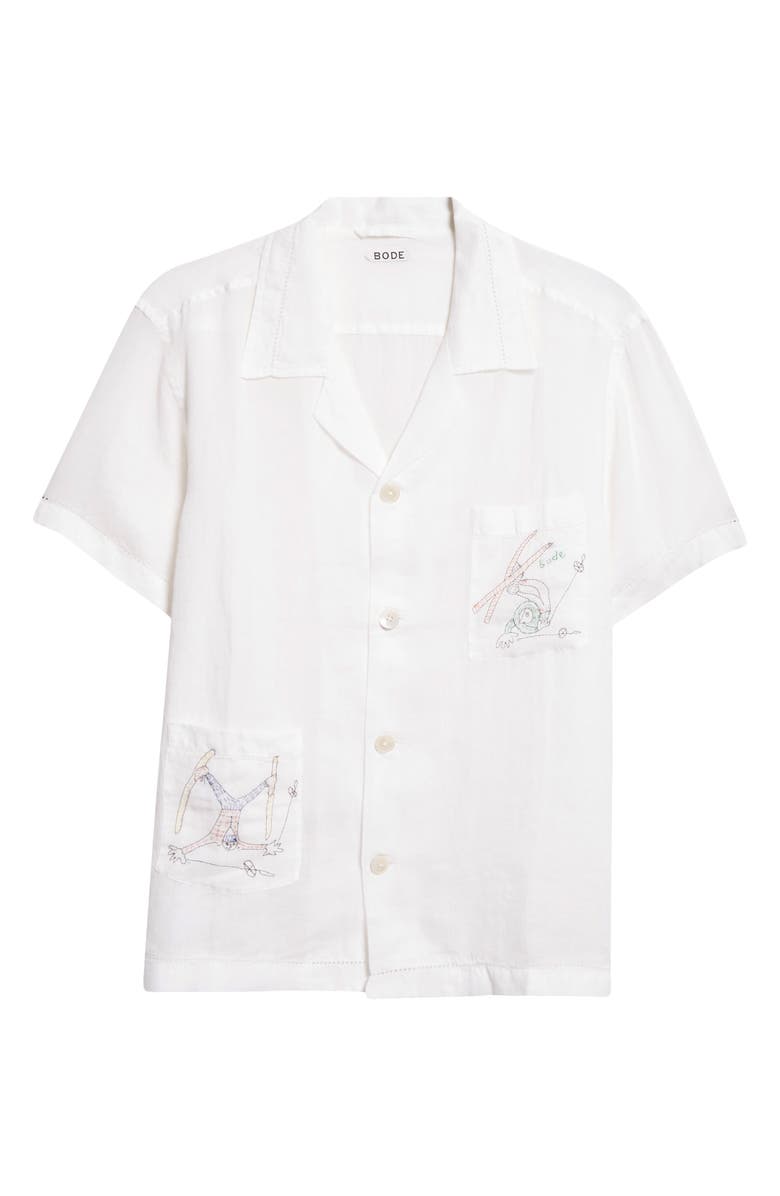 Bode Skiers Embroidered Linen Camp Shirt, Alternate, color, White Multi
