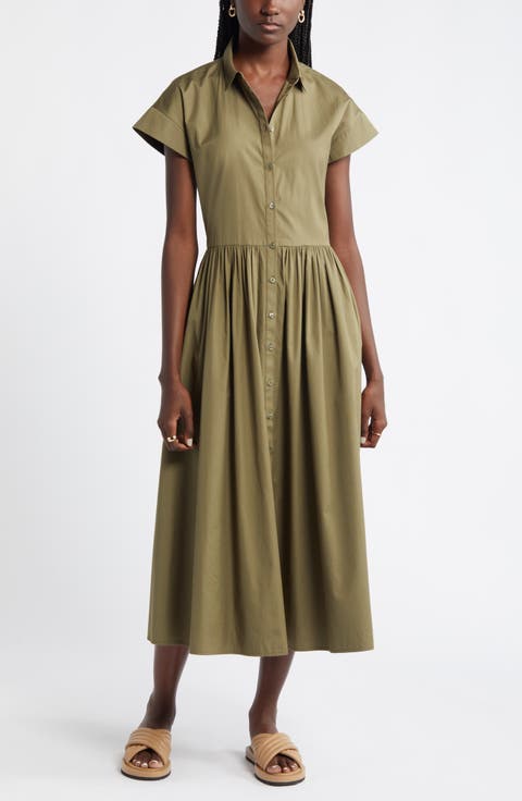 Drop Waist Button Front Cotton Midi Dress