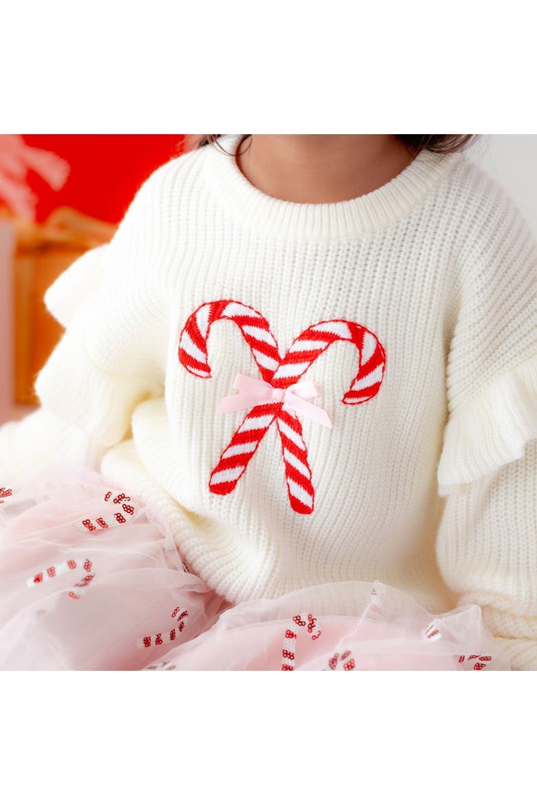Candy Cane Christmas Ruffle Sweater, Alternate, color, Ivory