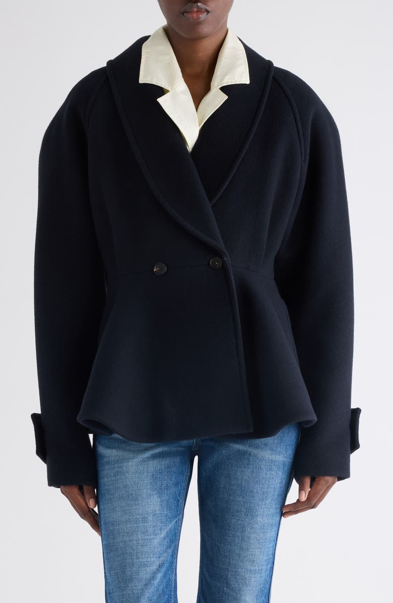 Chloé Double Breasted Wool Blend Peplum Jacket, Main, color, Iconic Navy