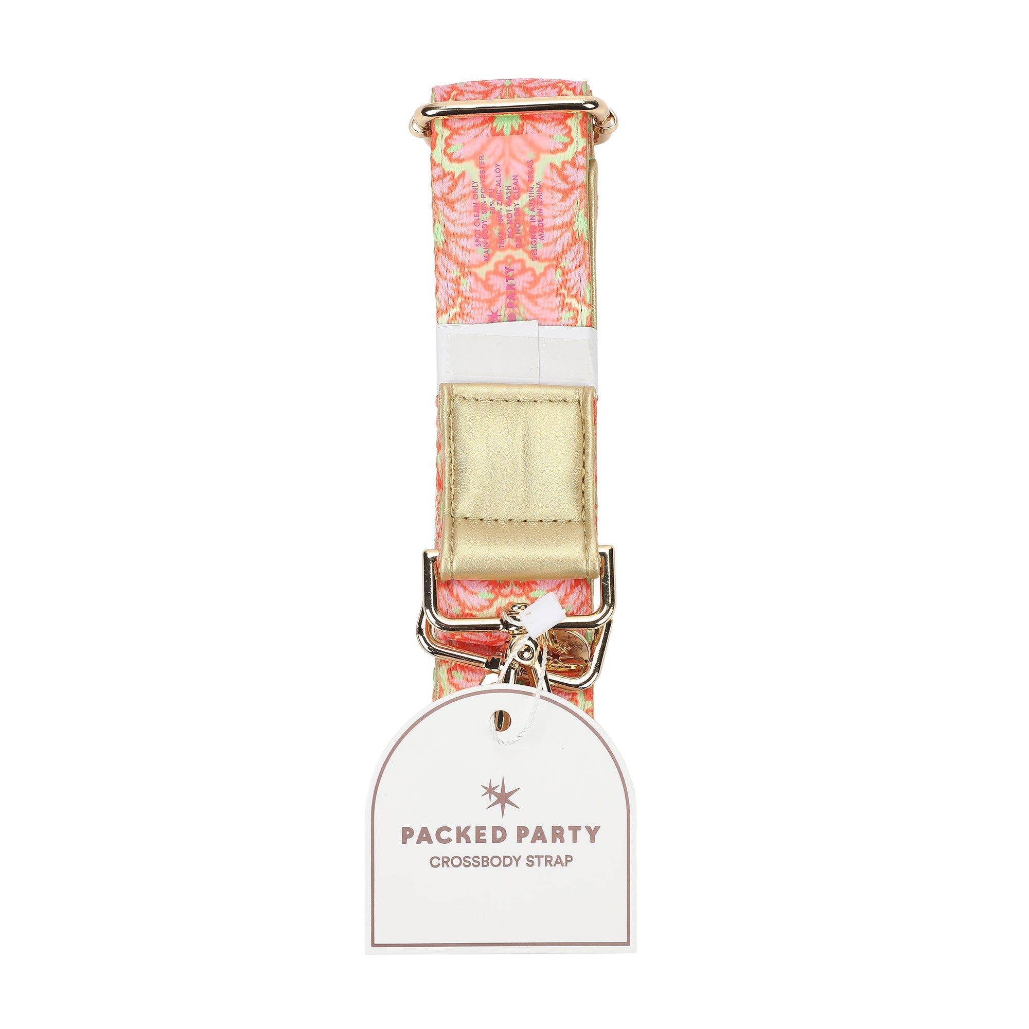 Pink Palm Adjustable Handbag Strap - 45-55 Inch Cotton Twill Palm Print Strap with Leatherette End Tabs and Gold Swivel Lobster Clasps, Alternate, color, Pink