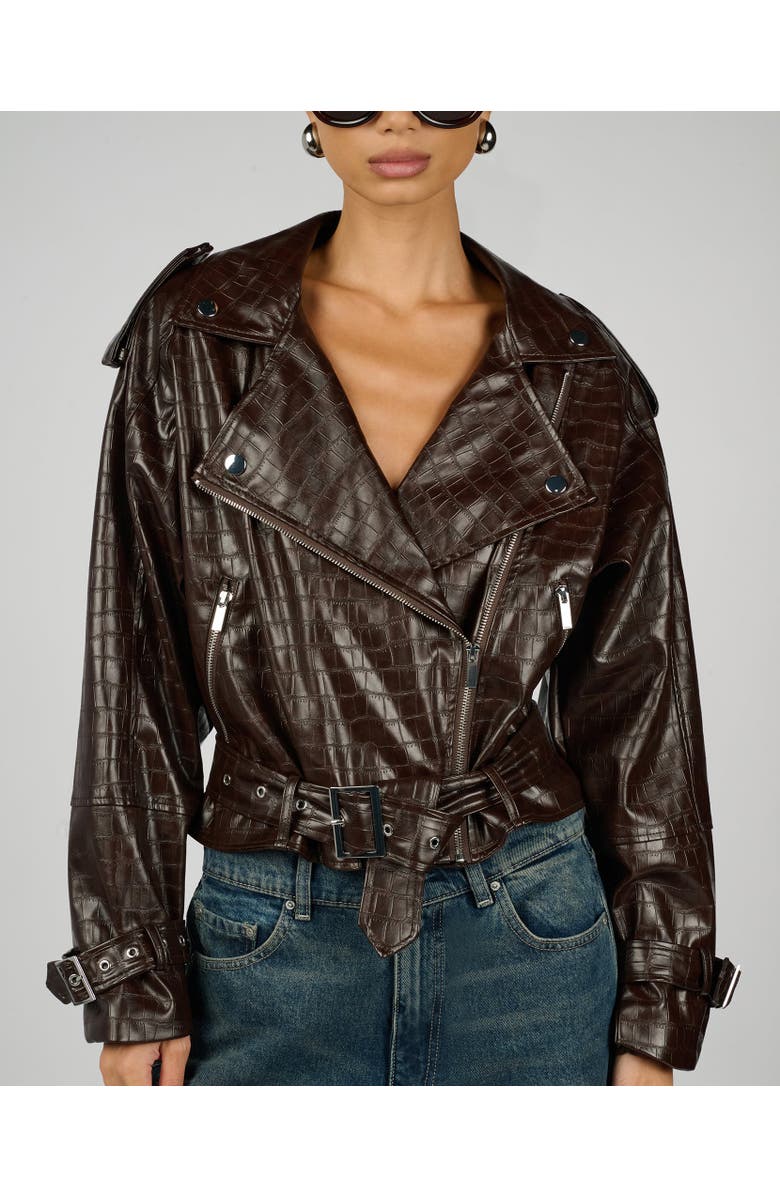 WeWoreWhat Cropped Moto Jacket, Alternate, color, Dark Brown