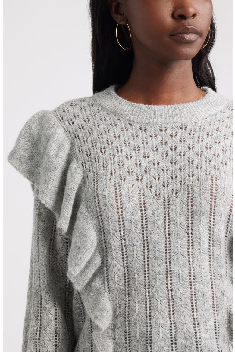 Ruffle Pointelle Sweater, Alternate, color, GREY HEATHER