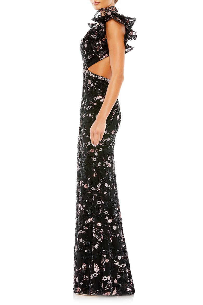 Sequin Ruffle Shoulder Lace-Up Back Sheath Gown, Alternate, color, BLACK PINK