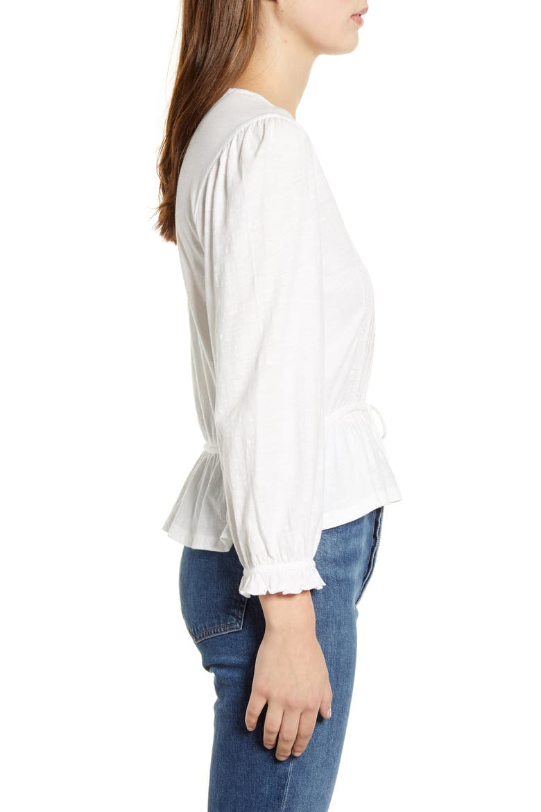 Lace Inset Tie Waist Cotton Blouse, Alternate, color, BRIGHT WHITE