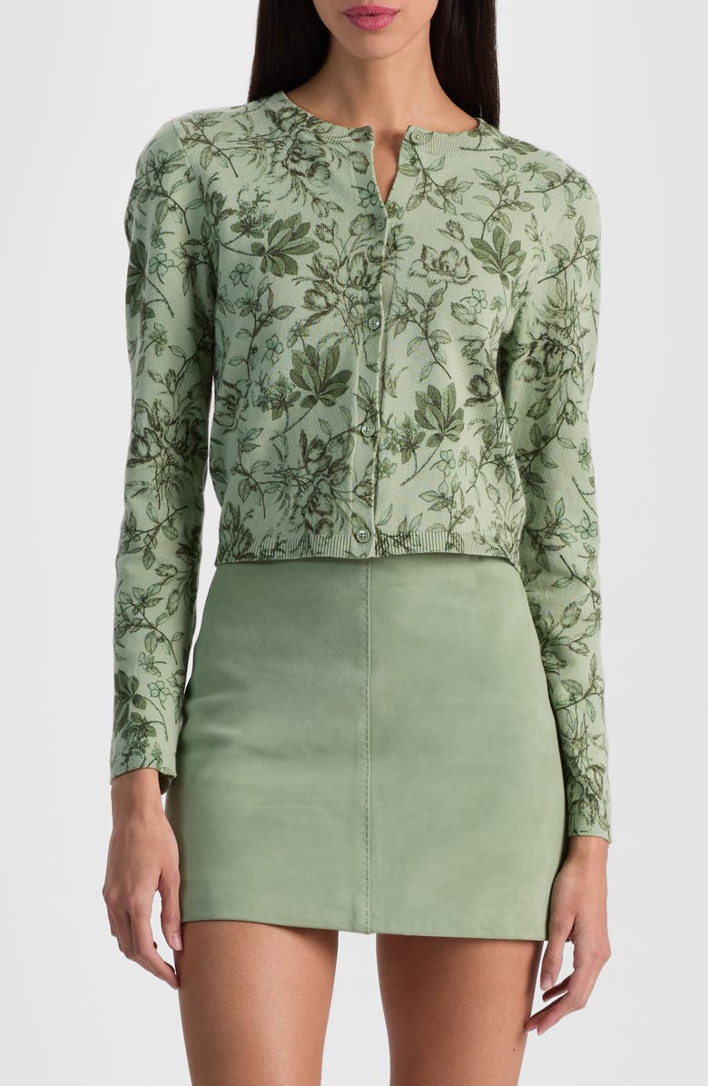 Alice + Olivia Carson Print Crop Cardigan, Main, color, Mystic Garden Sage
