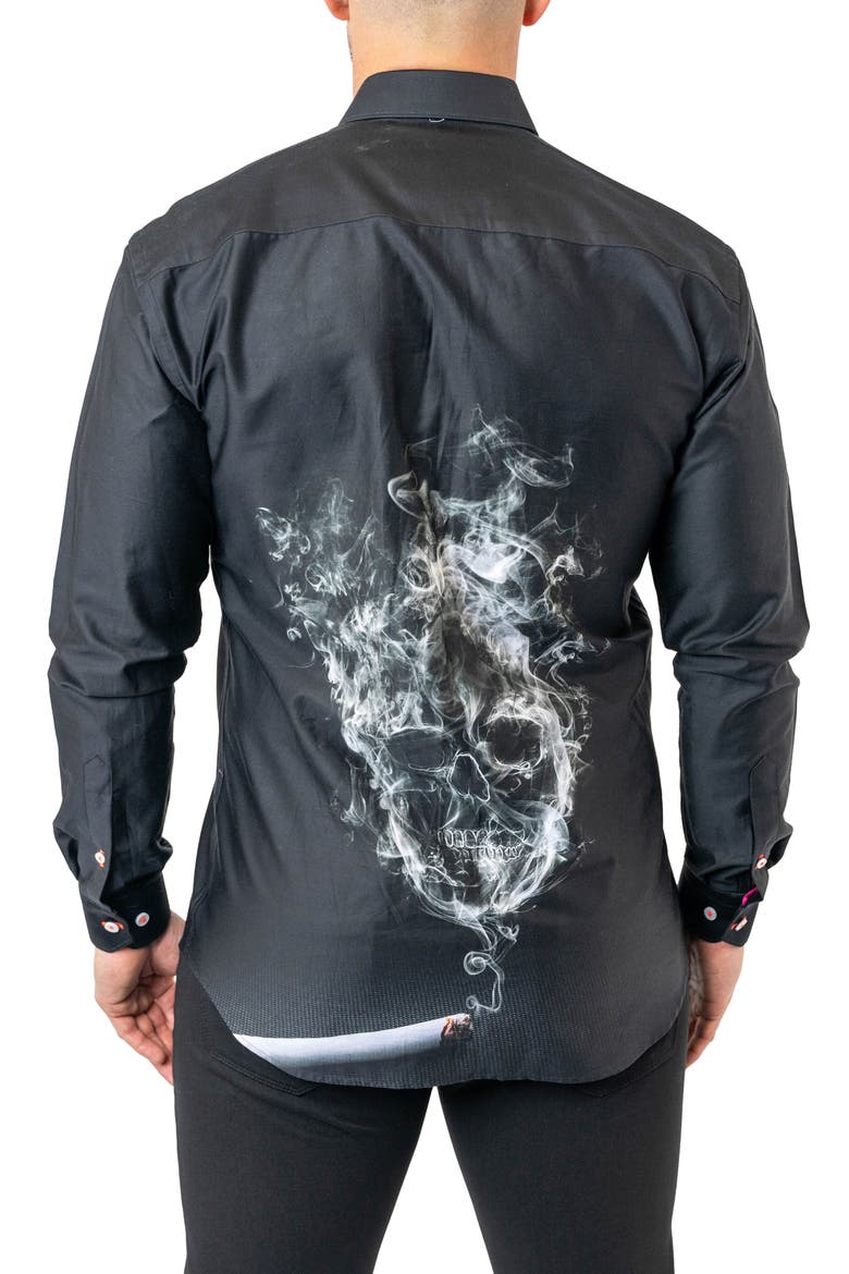 Fibonacci Skull Smoke Cotton Button-Up Shirt, Alternate, color, BLACK