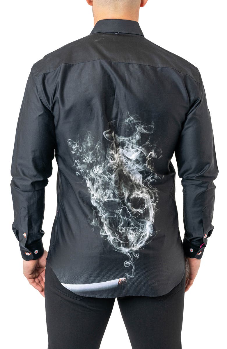Maceoo Fibonacci Skull Smoke Cotton Button-Up Shirt, Alternate, color, Black