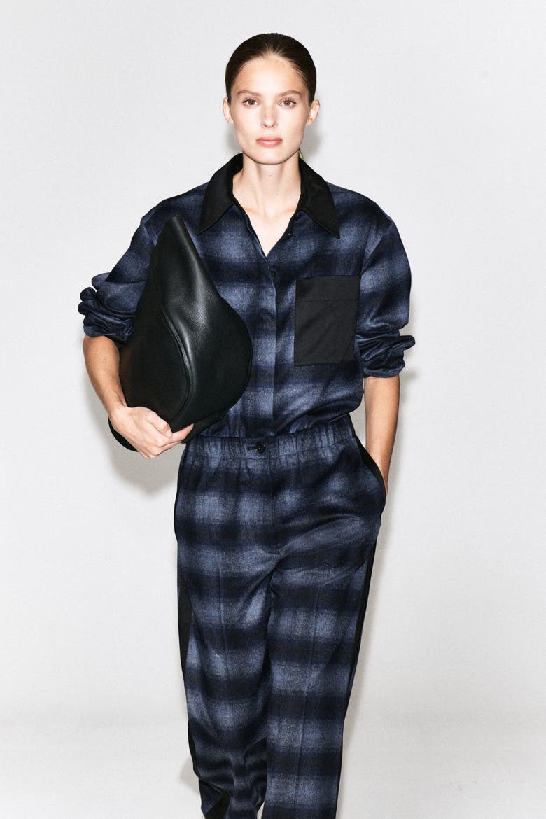 Satin-detail Checked Wool-blend Shirt, Main, color, BLUE / CHECKED
