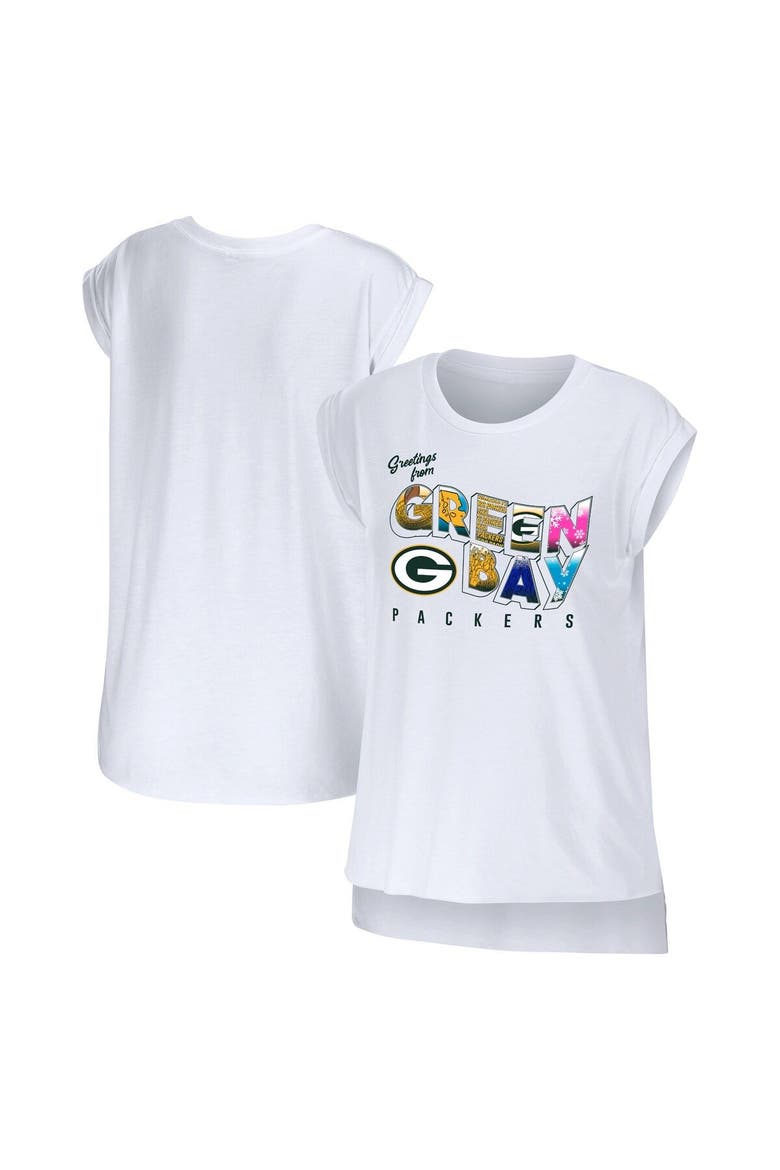 Women's WEAR by Erin Andrews White Green Bay Packers Greetings From Muscle T-Shirt, Main, color, White