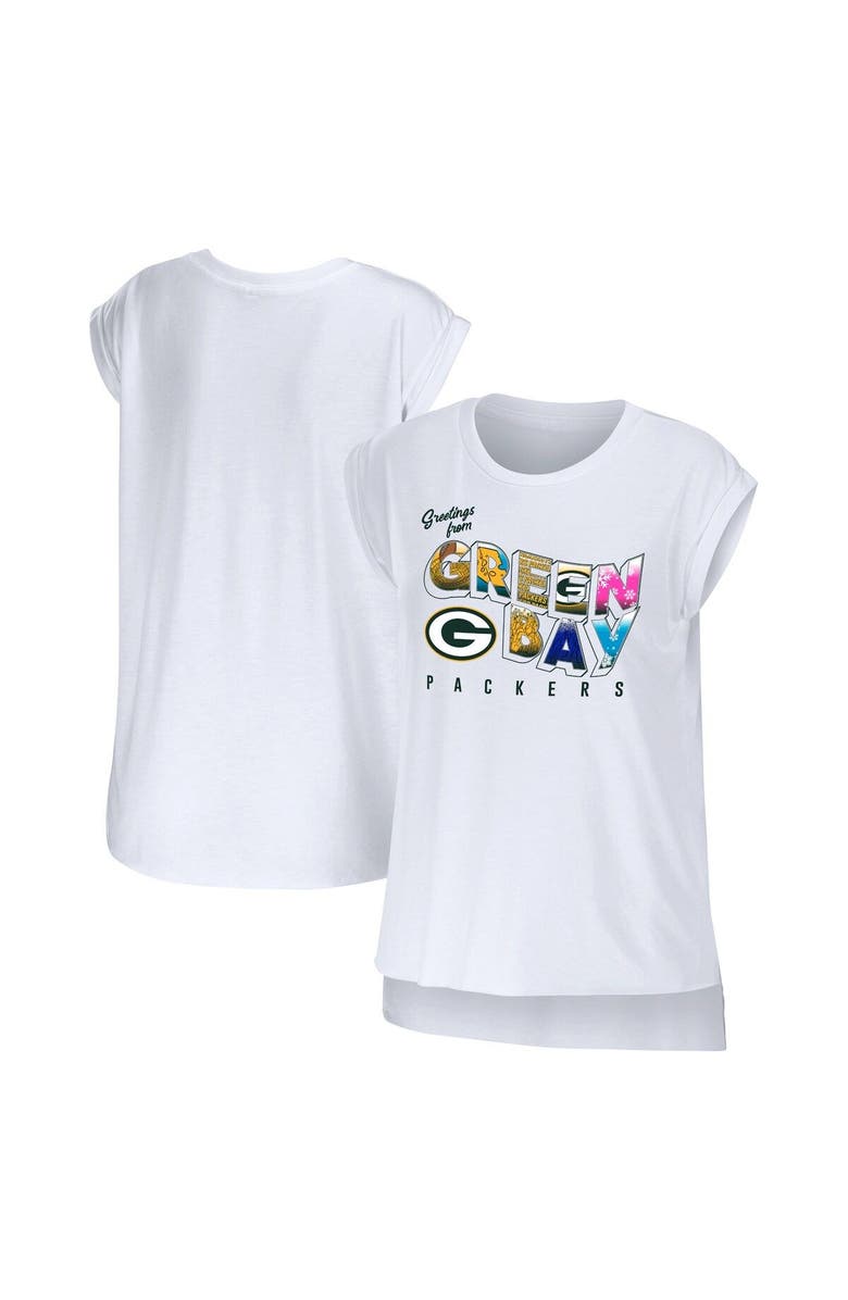WEAR by Erin Andrews Women's WEAR by Erin Andrews White Green Bay Packers Greetings From Muscle T-Shirt, Main, color,