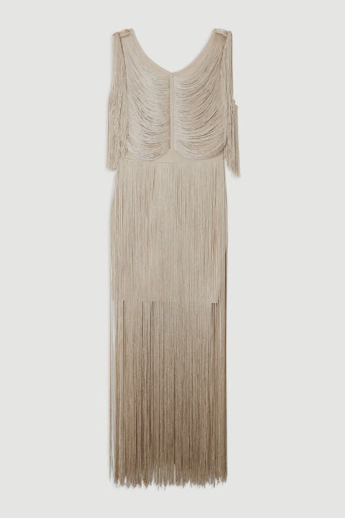 Karen Millen Maxi Draped Fringe Knitted Mini Dress In Neutral