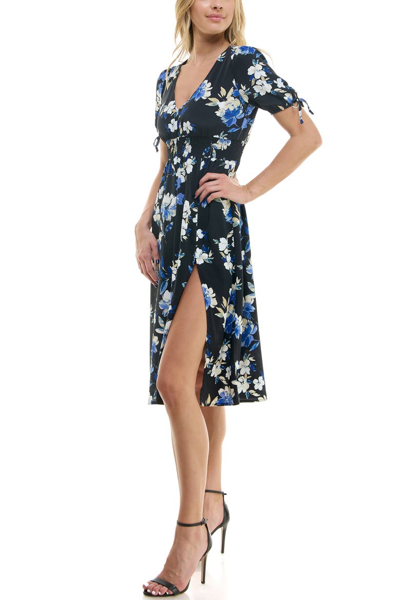 Puffy Sleeves Floral V-Neck Midi Dress, Alternate, color, BLACK FLORAL
