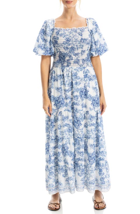 Print Smocked Puff Sleeve Maxi Dress