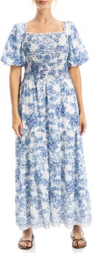 MAX STUDIO Print Smocked Puff Sleeve Maxi Dress