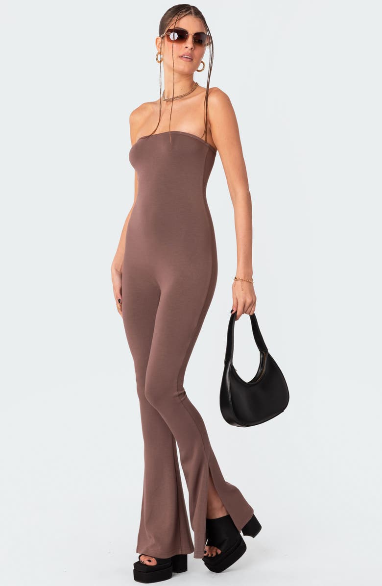 EDIKTED Melina Strapless Flared Split Hem Jumpsuit, Alternate, color,